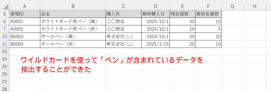 品名に「ペン」が含まれるデータを抽出できた