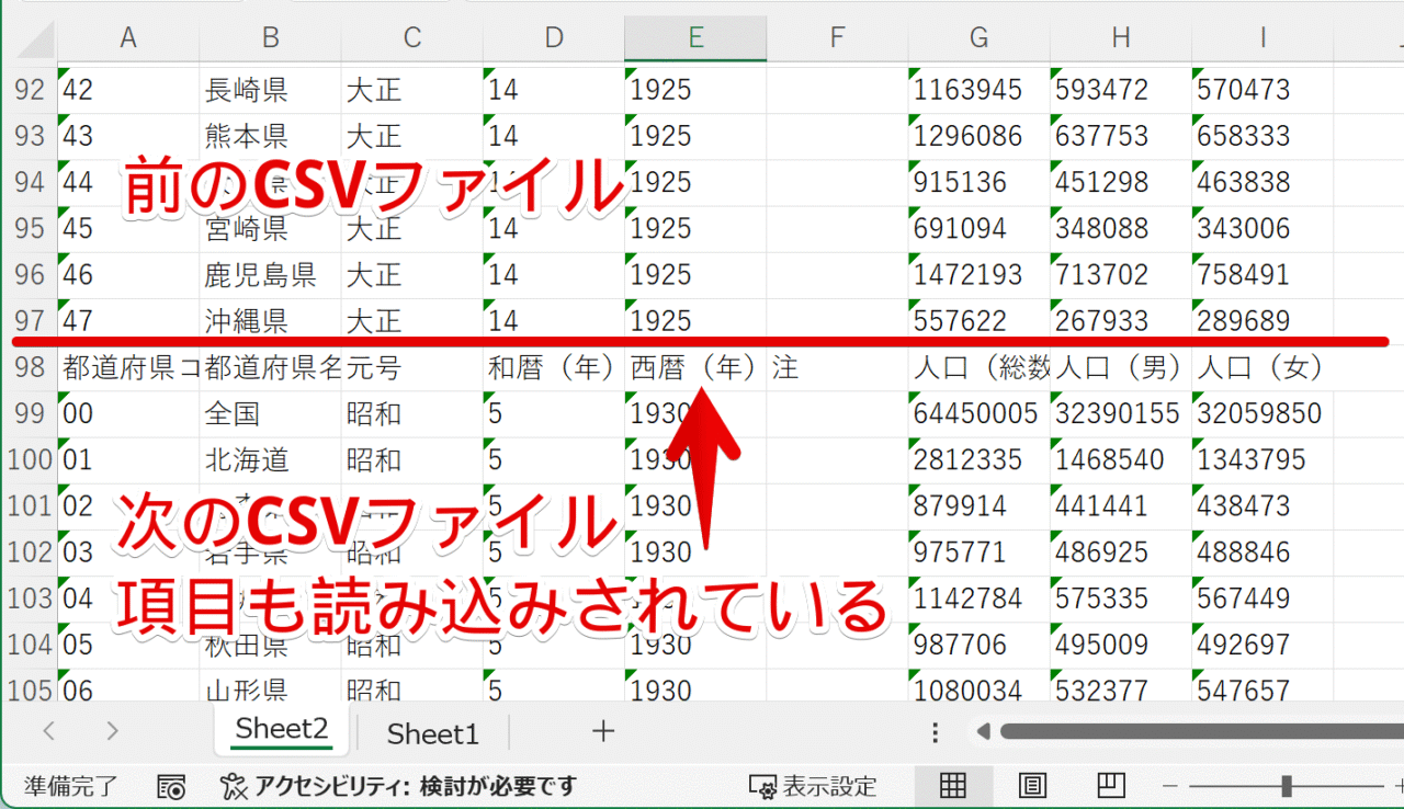 次のデータの一番上に項目が読み込まれている