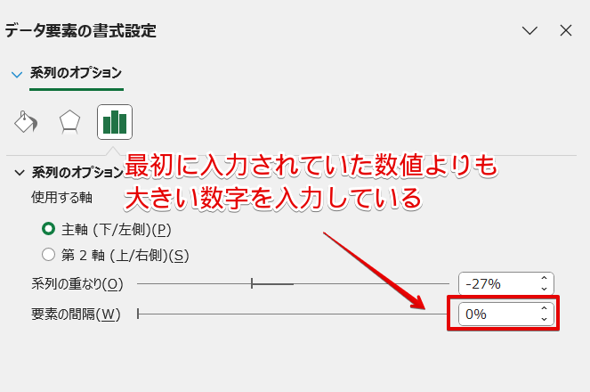 「要素の間隔」の数値の変更方法が間違っている