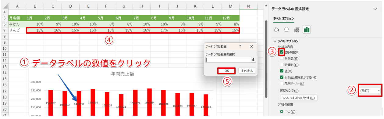 りんごの「セルの値」と「区切り文字」を設定