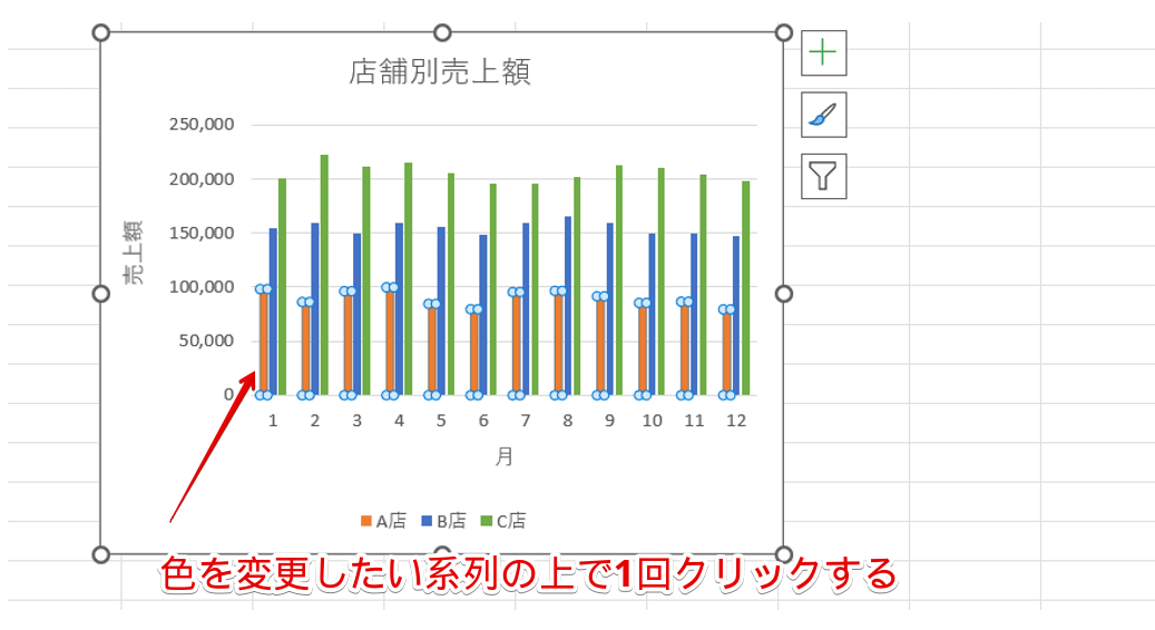 色を変更したい系列の上で1回クリックする
