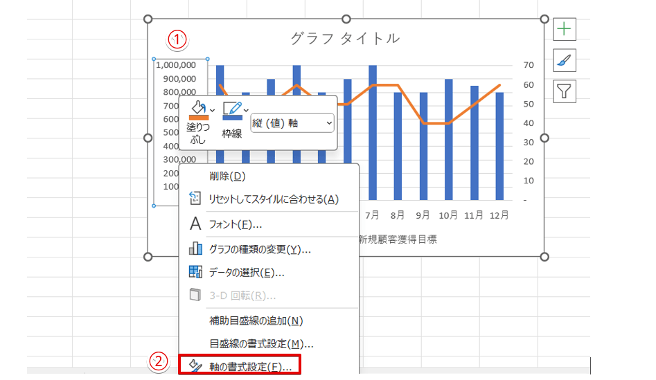 「軸の書式設定」を選択