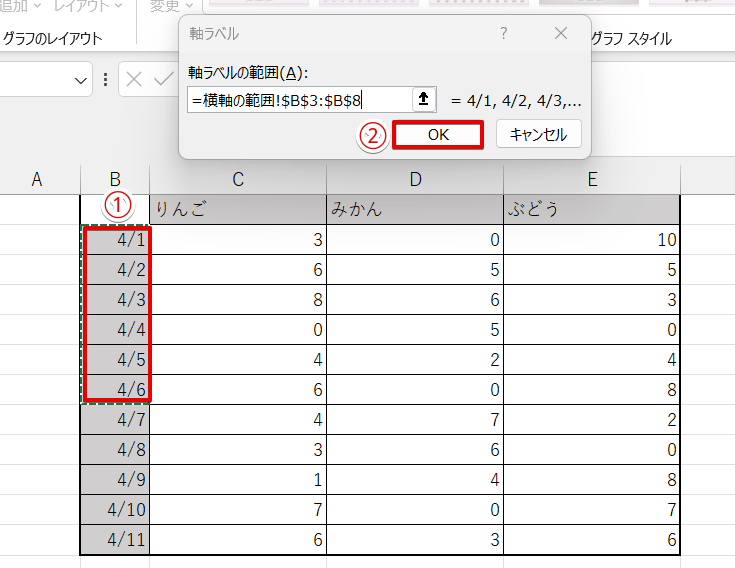 横軸に設定したい表の範囲を選択