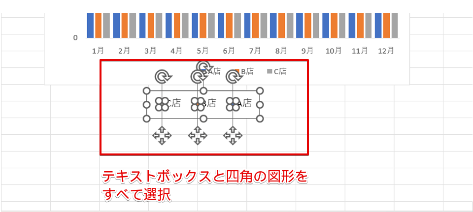 テキストボックスと図形をすべて選択