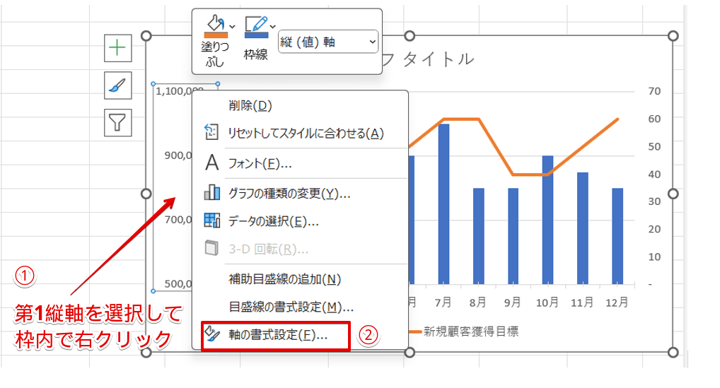 「軸の書式設定」を選択
