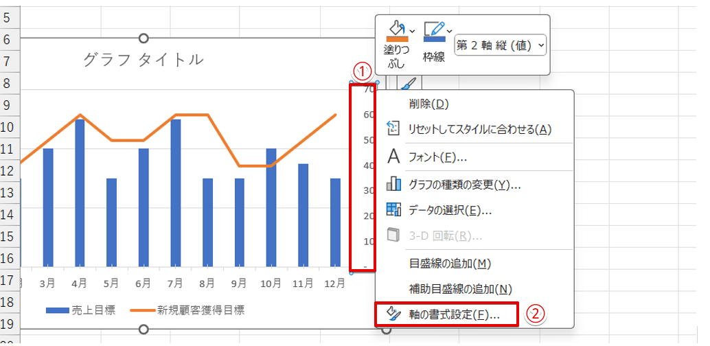 「軸の書式設定」を選択