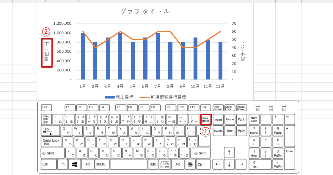 Backspaceを押して「軸ラベル」の文字を削除