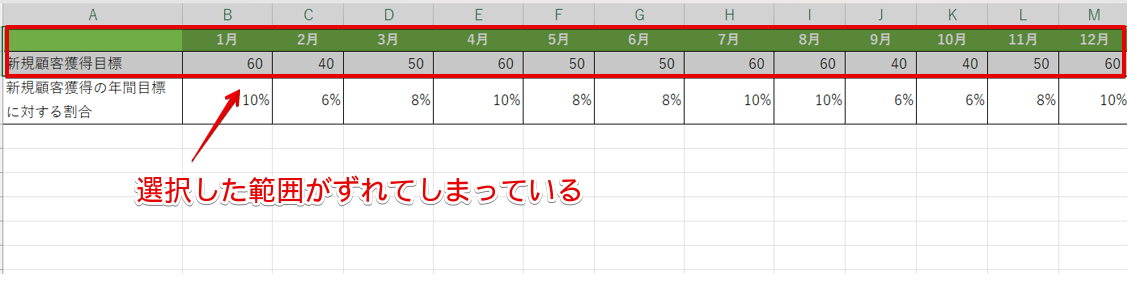 選択範囲がずれてしまっている