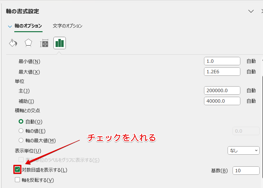 「対数目盛を表示する」にチェックを入れる