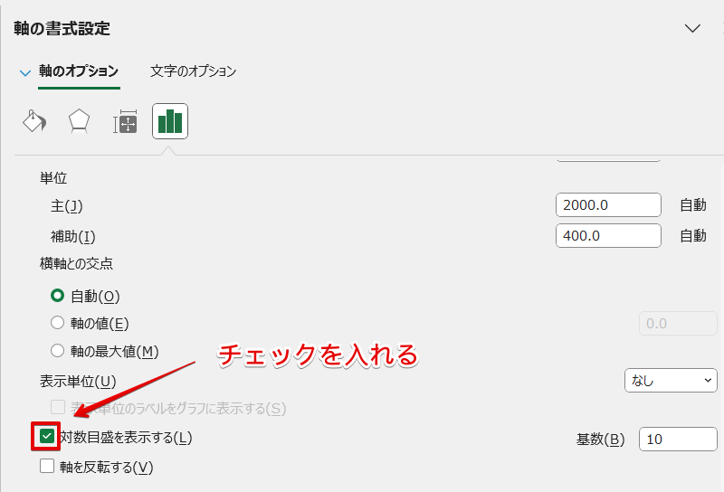 「対数目盛を表示する」にチェックを入れる