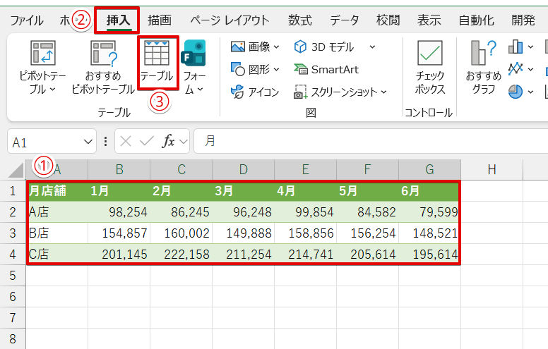 テーブルのアイコンをクリック