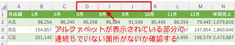 アルファベットが表示されていない箇所を確認