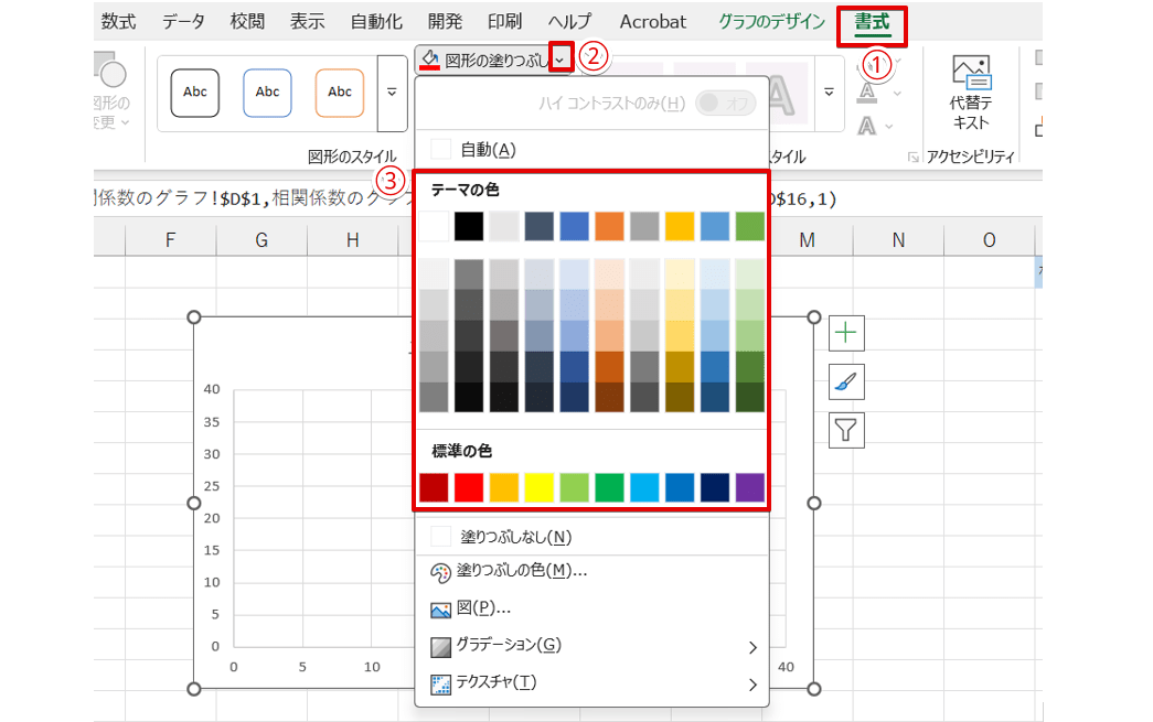「図形の塗りつぶし」から変更したい色をクリックする