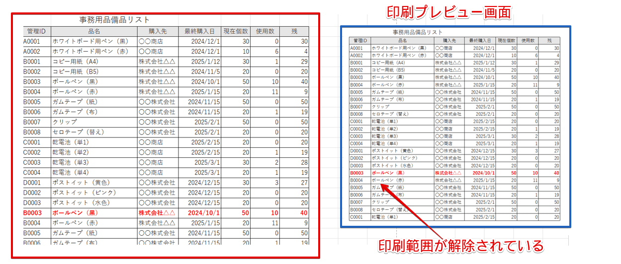 印刷範囲が解除された