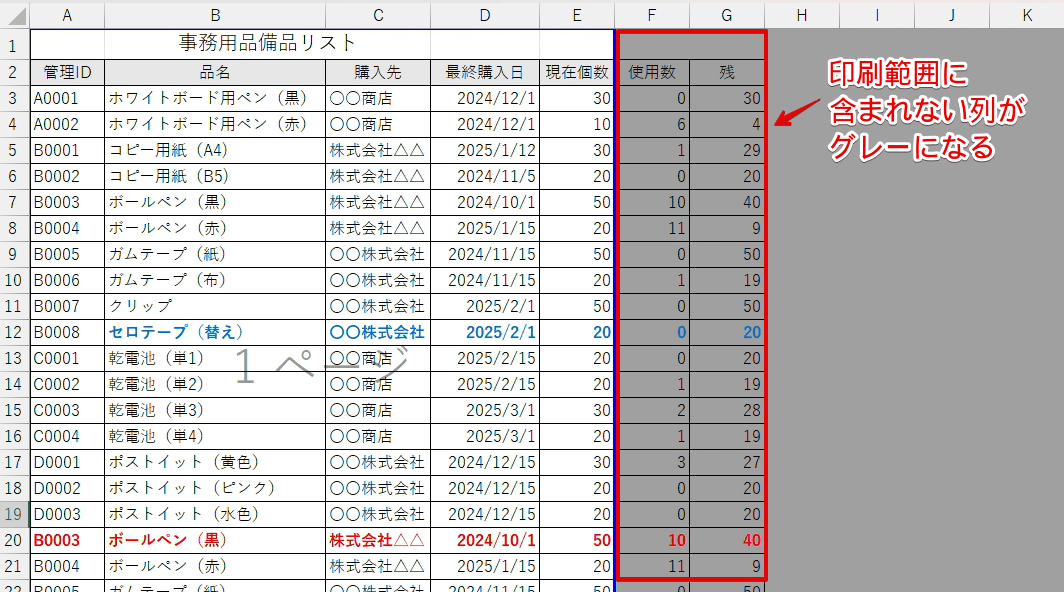 印刷範囲から除外された列がグレーに変わる