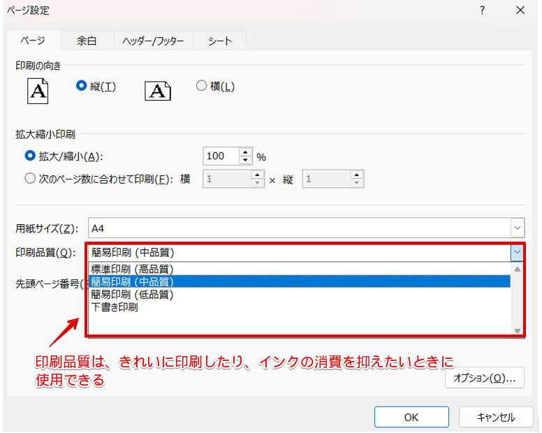 ページ設定の「ページ」タブの画面