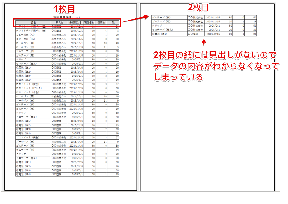 見出しを固定する前の印刷プレビュー画面
