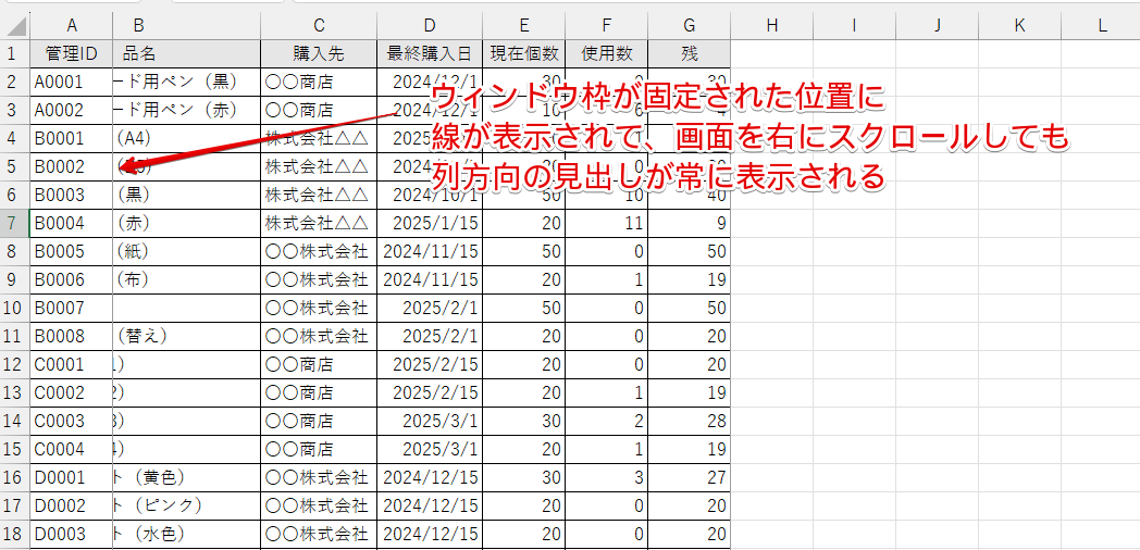 横スクロールをしても見出しの列が固定された