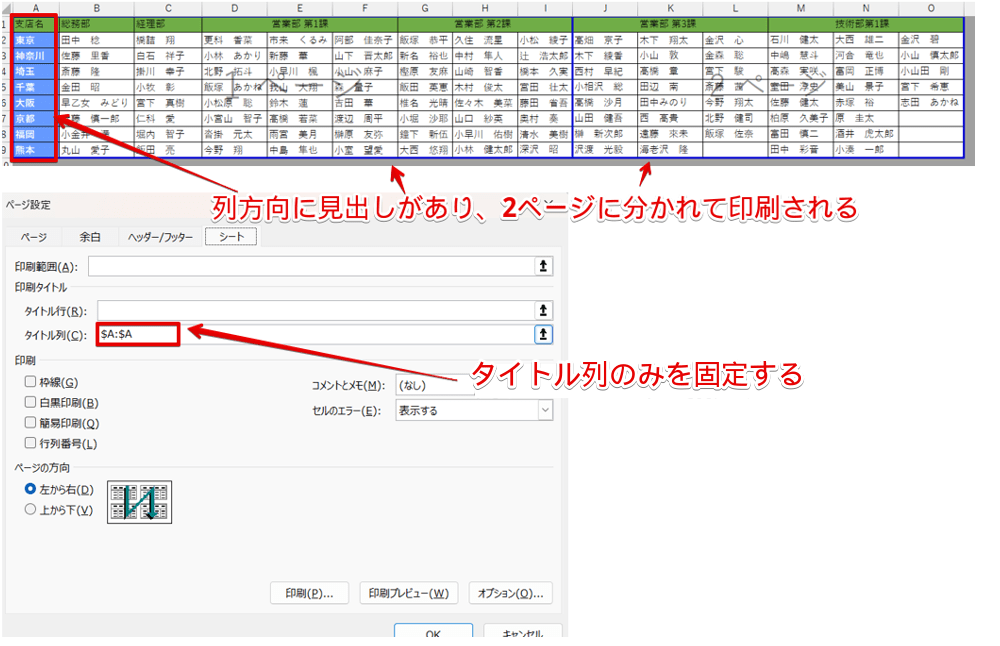 見出しが列方向にあり、2ページに分かれて印刷される