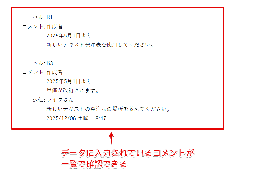 データに挿入されているコメントを一覧で確認できる