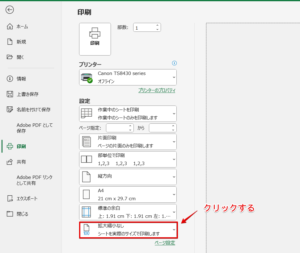 「拡大縮小なし」をクリックする