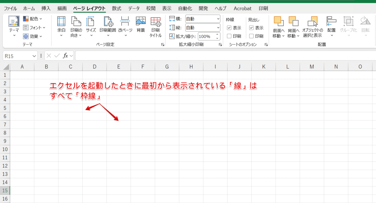 エクセルを起動したときに表示されている線はすべて「枠線」