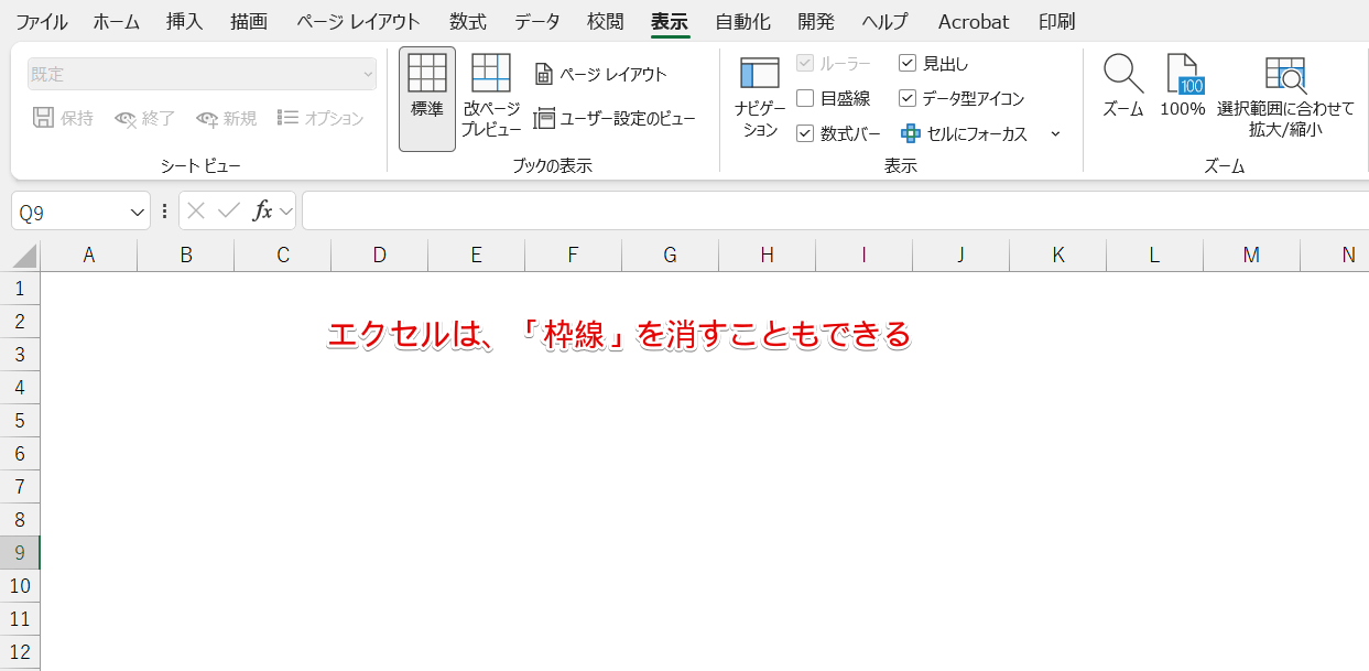 「枠線」を消したエクセルの画面