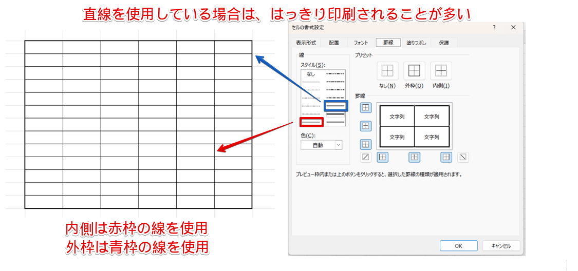 直線を使用すると印刷しても罫線が見やすい