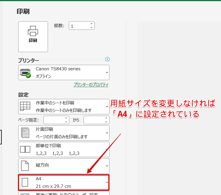 エクセルで選択した用紙サイズが表示される