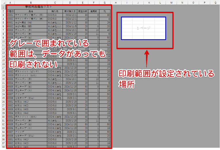 印刷範囲が設定されている範囲を確認