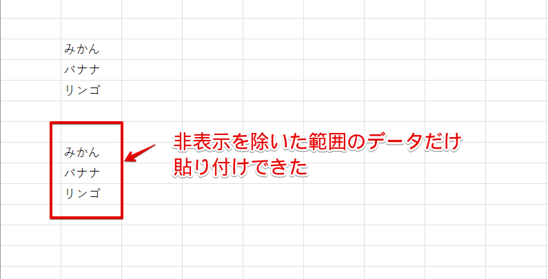 可視セル部分の文字だけが表示された