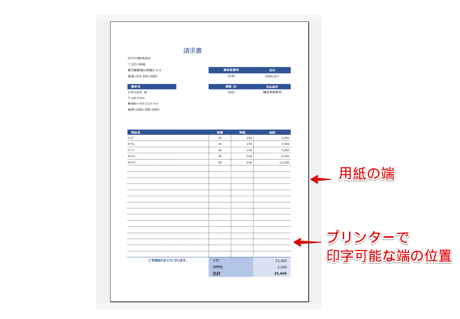 用紙の端とプリンターで印字可能な端の位置