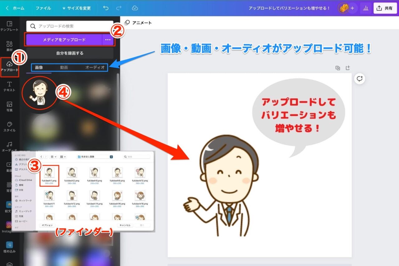 自分で画像をCanvaにアップロードし、無料版でもバリエーションを増やせる