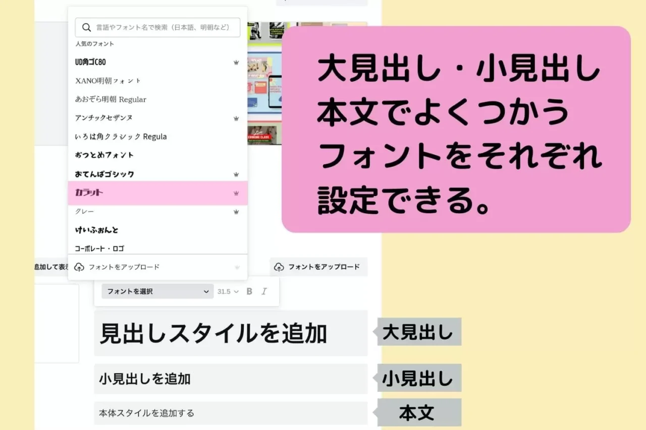 各大見出し、見出し、本文でそれぞれフォントの設定ができる