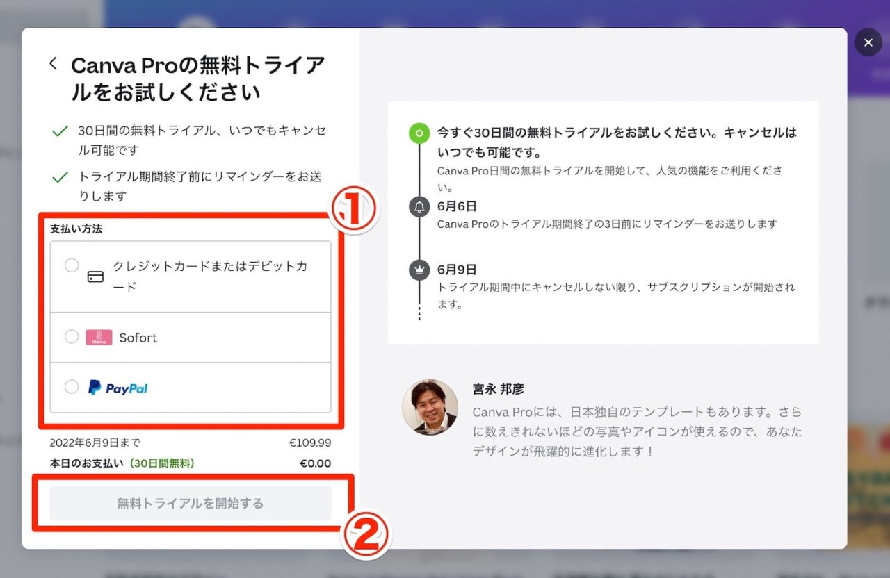 Canvaの料金の支払い方法を選択し「無料トライアルを開始する」をクリック
