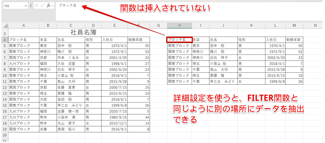 「詳細設定」を使ってフィルターをかけたデータ