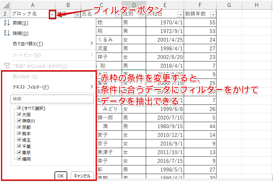 フィルターボタンを挿入したデータ
