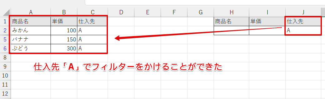 仕入先「A」でフィルターがかけられた