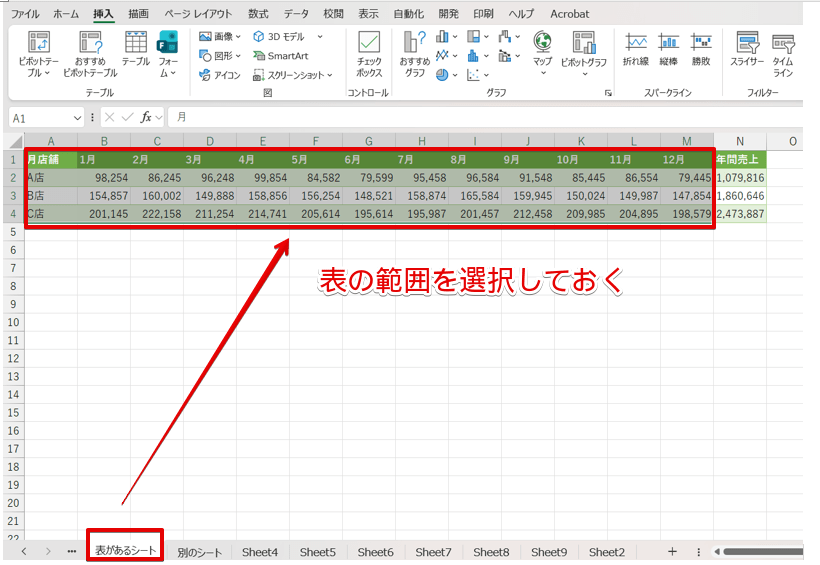 表を作成したシートの表を選択する
