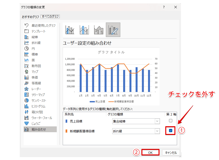 「第2軸」のチェックを外す