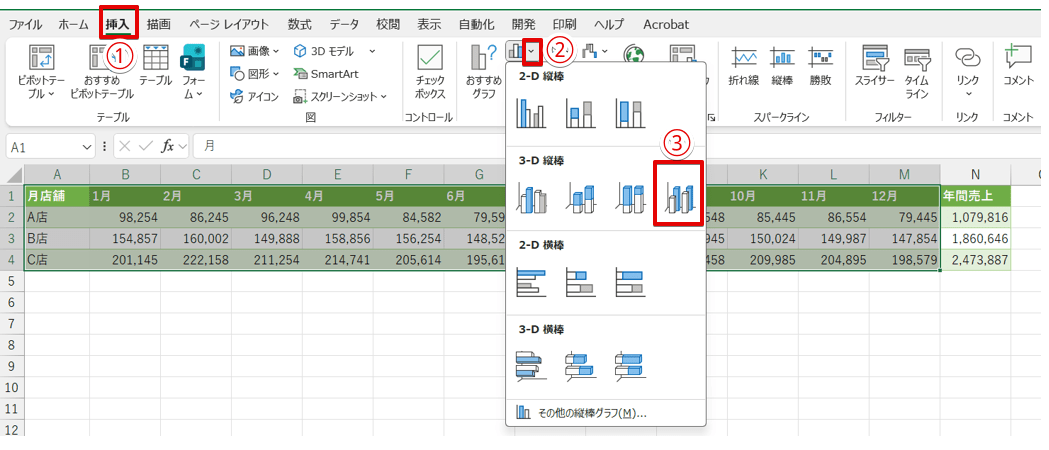 「3-D縦棒」を選択