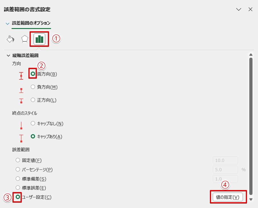 誤差範囲の書式設定の作業ウィンドウから「ユーザー設定」を選択