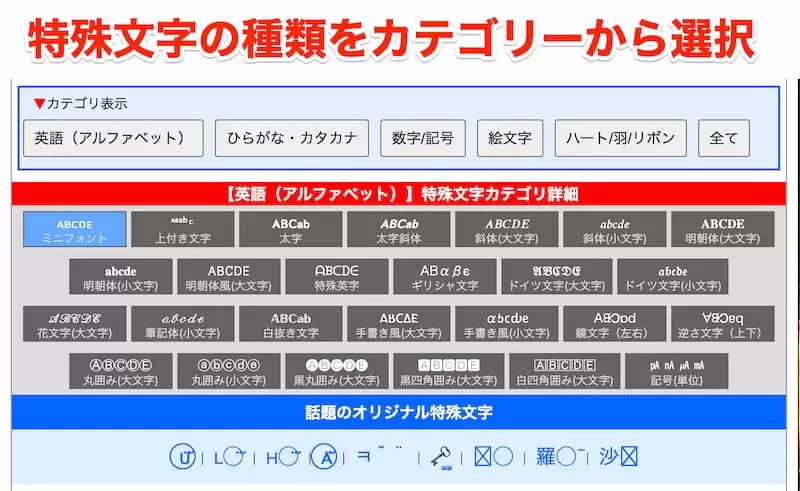 特殊文字の種類をカテゴリーから選択