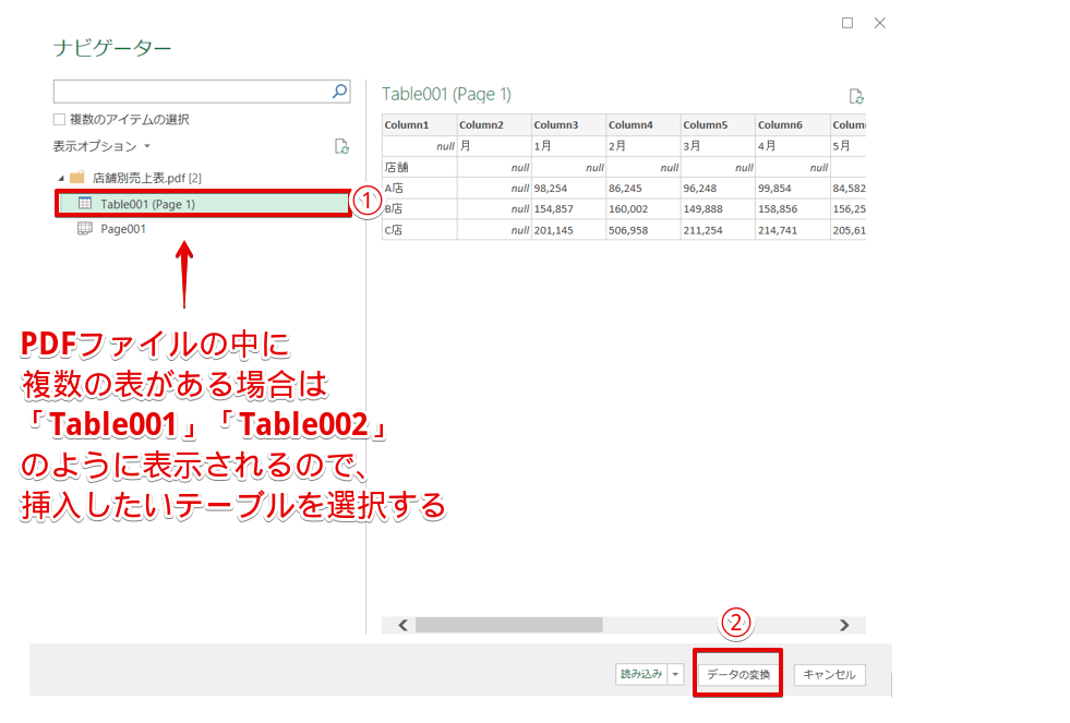 テーブル番号を選択して「データの変換」をクリックする