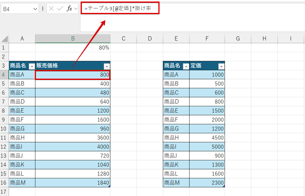 定義した名前を使って計算式を挿入