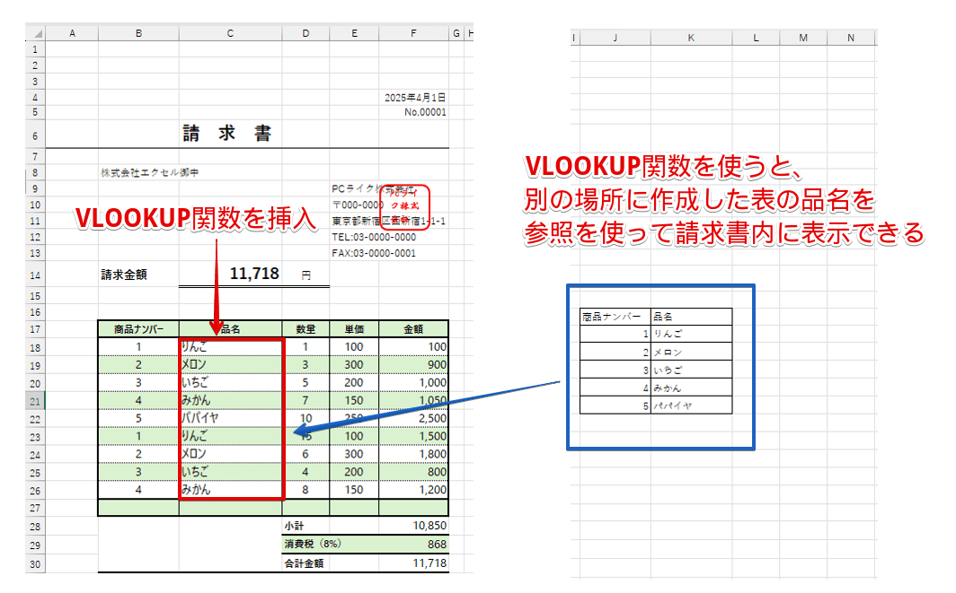 VLOOKUP関数を使うと、別の場所に作成した表の文字を参照できる