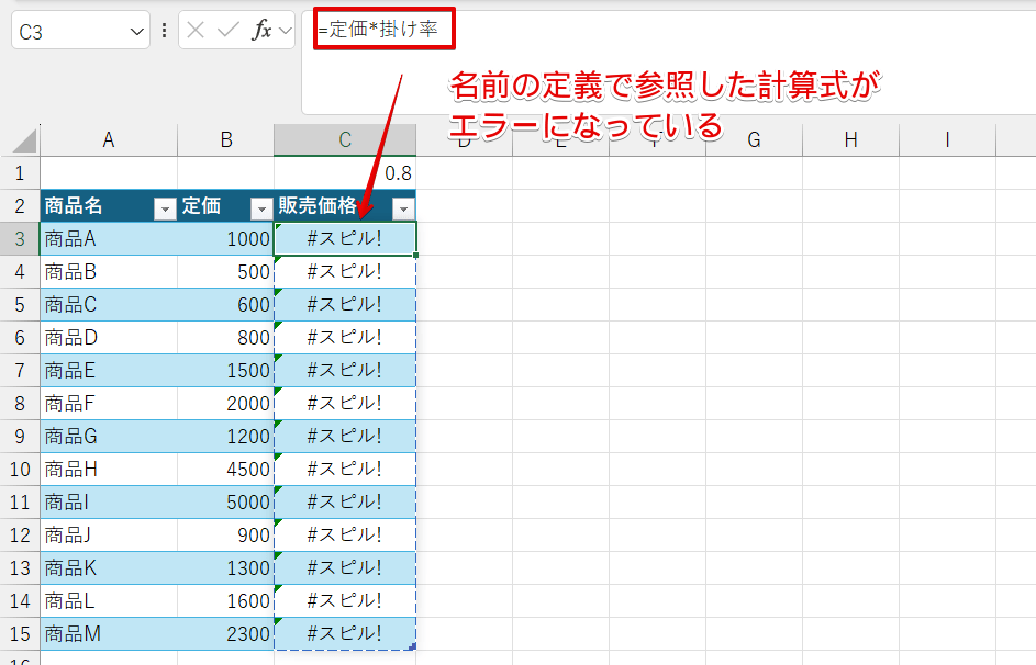 名前の定義で参照した計算式がエラーになっている