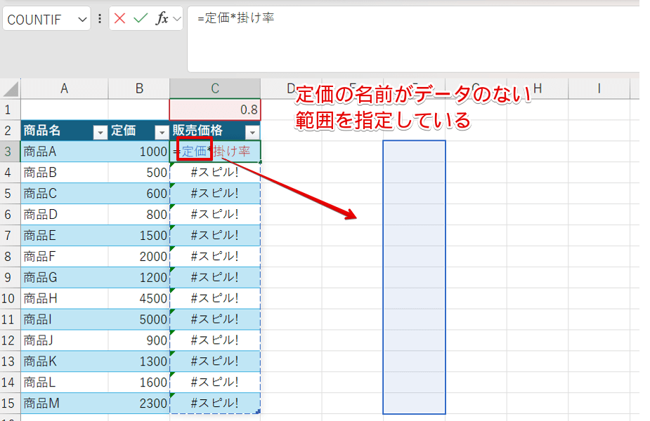定価の参照範囲が間違っている